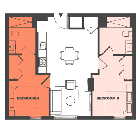 Floor plan for 2 beds, 2 baths, 220 sqft